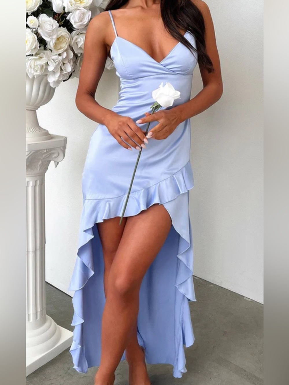 Light Blue Spaghetti Strap High-Low Ruffle Dress by